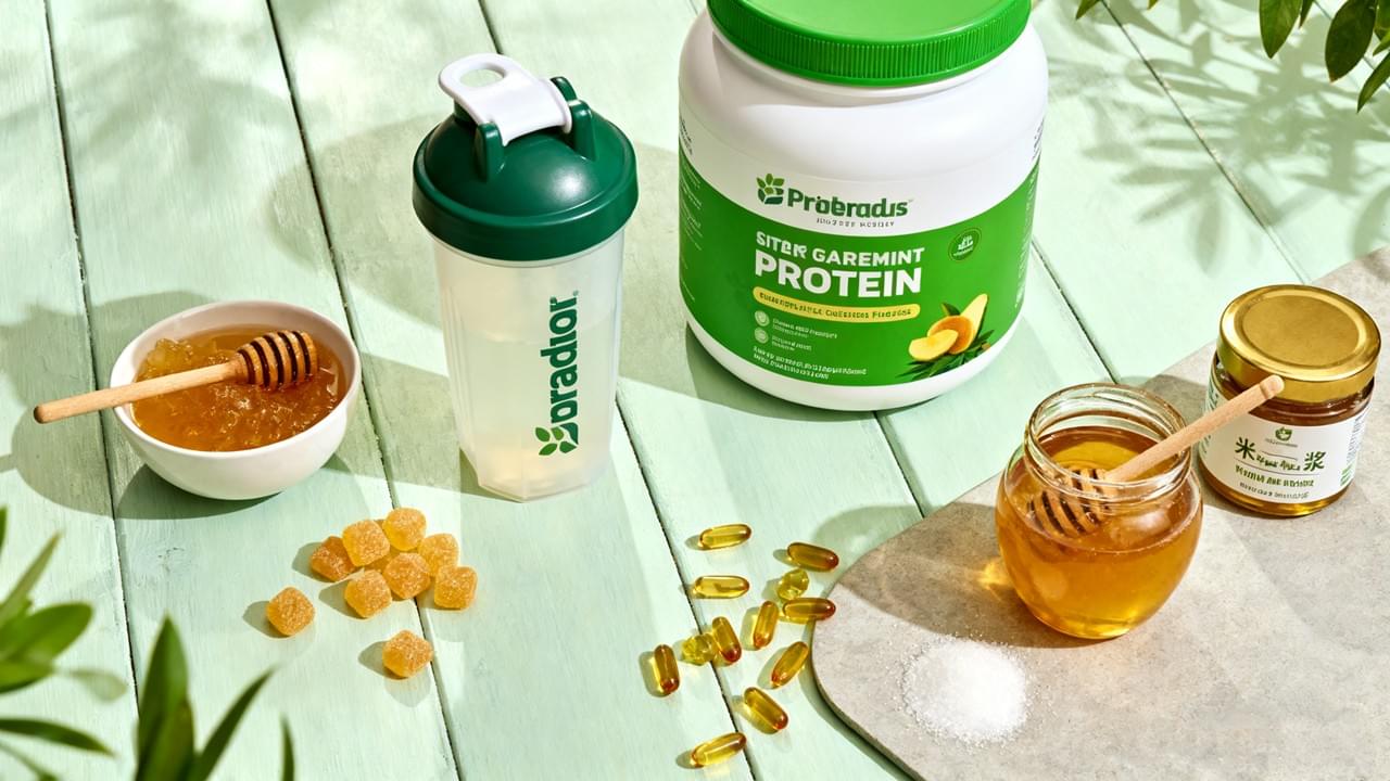 Natural sweeteners in dietary supplements with rice syrup, honey, protein powders, and vitamin gummies
