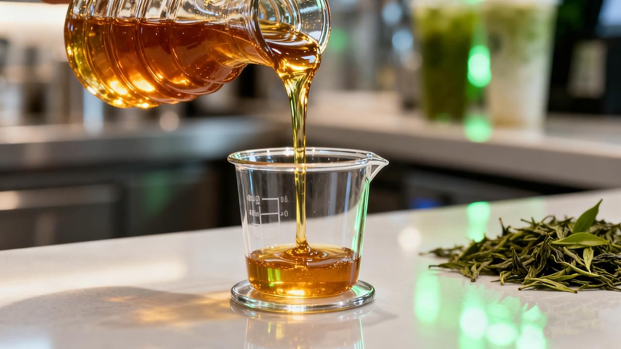 Adegan close-up sinematik dari Sirup Teh Gelembung emas premium yang dituangkan tepat ke dalam gelas ukur, melambangkan kontrol kualitas dan efisiensi bagi pemilik kedai teh.