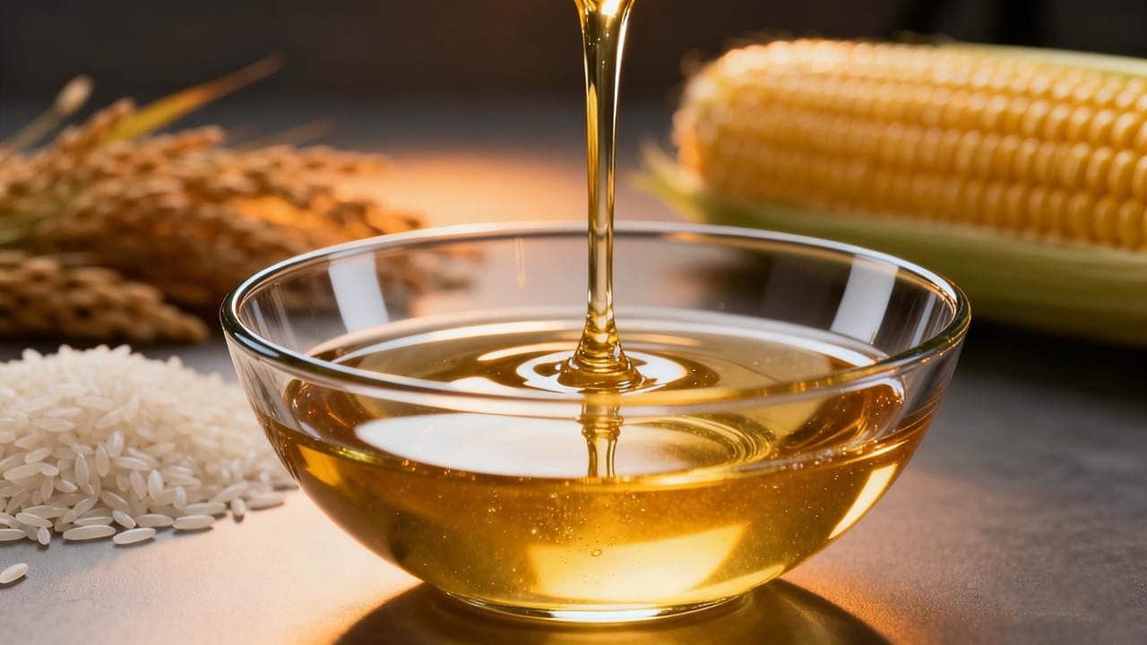 Gambar close-up sinematik dari Sirup Larutan Emas yang mengalir deras, dengan latar belakang butiran beras, melambangkan kualitas unggul dan pemanis fungsional dari Wuhu Deli Foods.