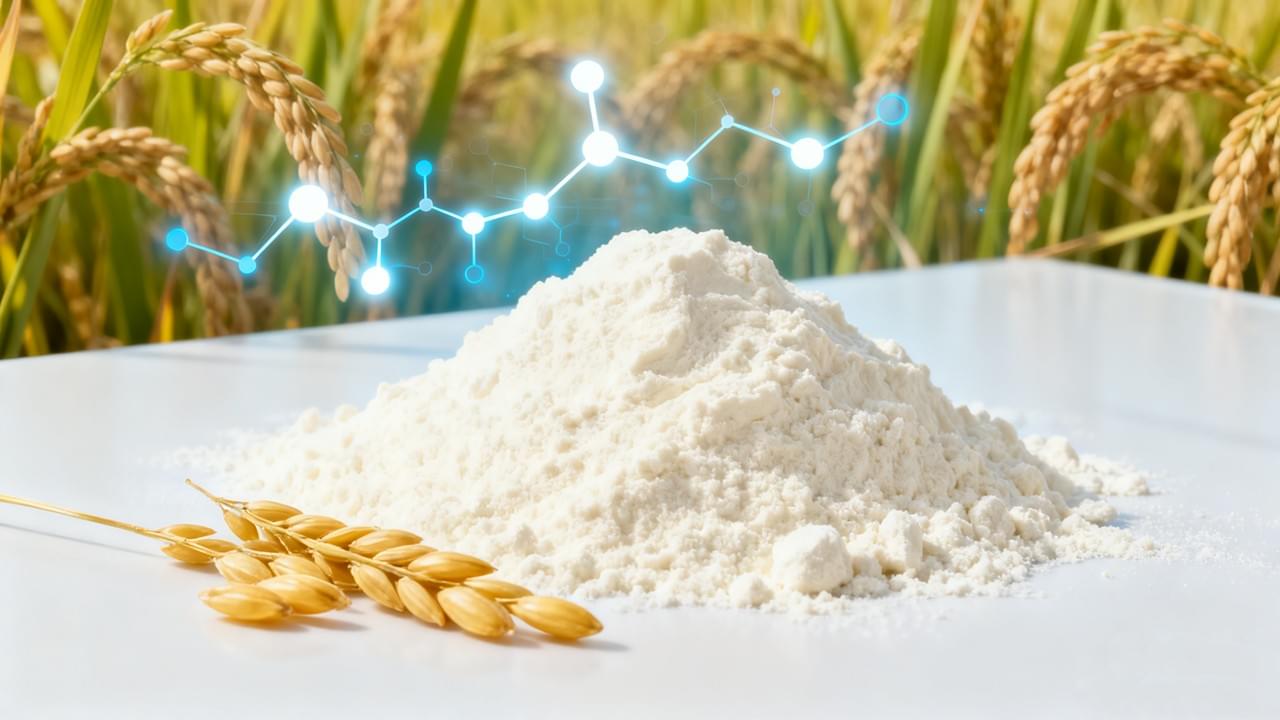 Gambar close-up dan fotorealistis dari bubuk Protein Beras dan butiran beras dengan kemurnian tinggi, yang mewakili solusi utama untuk Tantangan Formulasi Bebas Gluten dan inovasi label bersih.