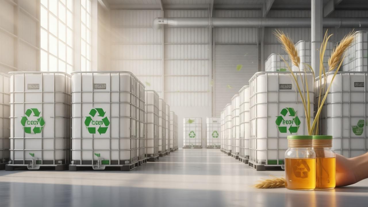 Modern warehouse facility showcasing sustainable bulk packaging solutions for organic rice syrup and food ingredients.