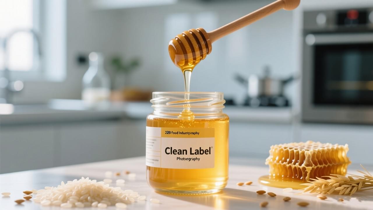 Professional display of clean label sweeteners including golden rice syrup and natural honey for B2B food manufacturing transparency.