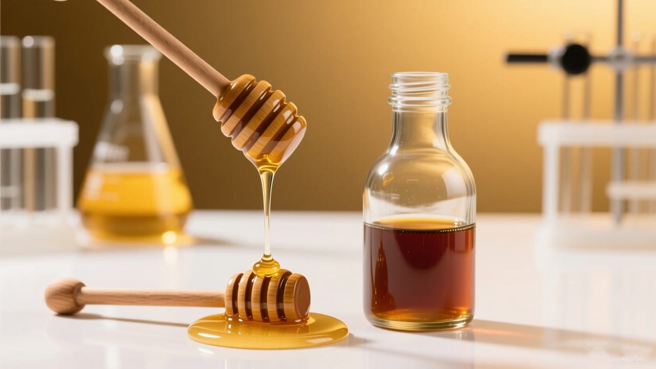 Honey vs syrup comparison showing antioxidant-rich natural honey alongside processed syrup