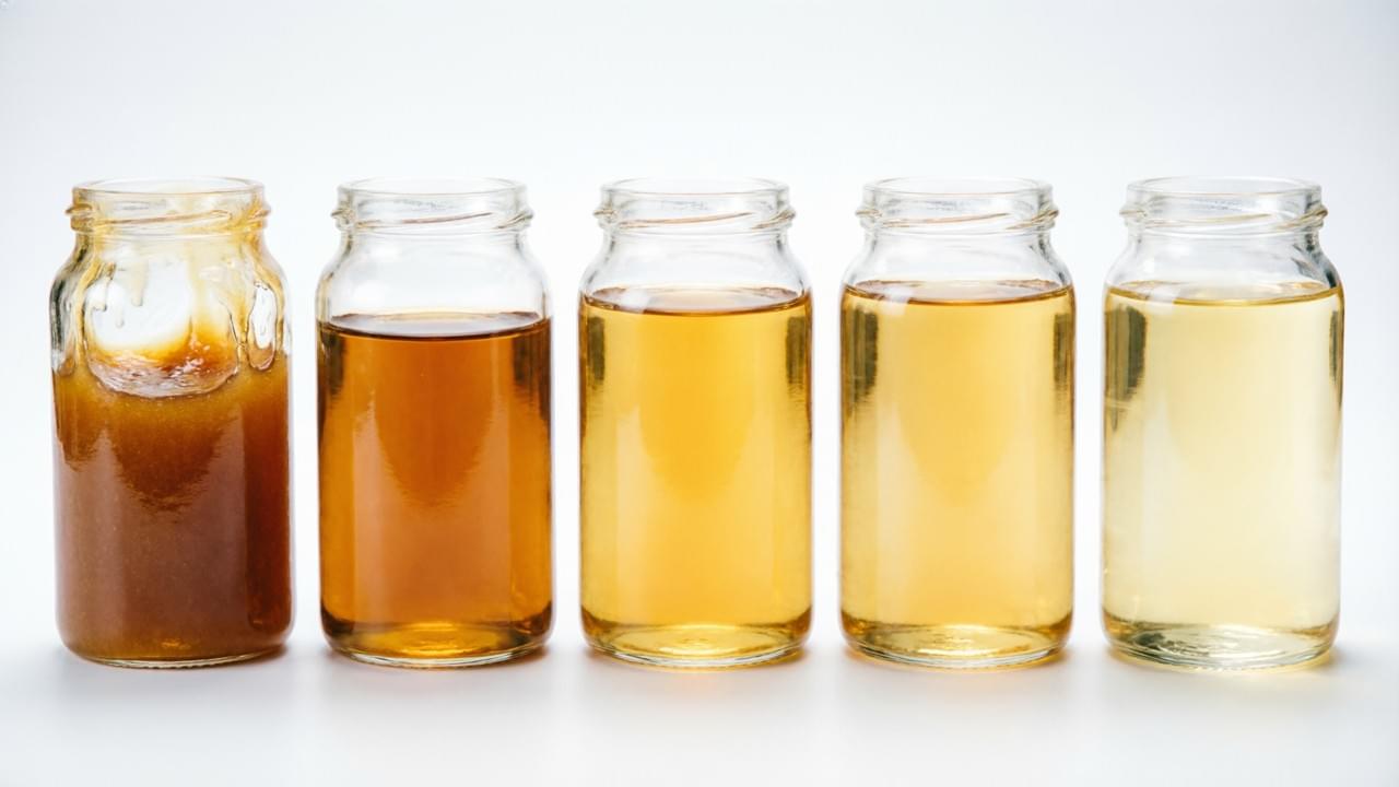 Rice syrup DE value range from DE 30 to DE 65 showing viscosity and color differences