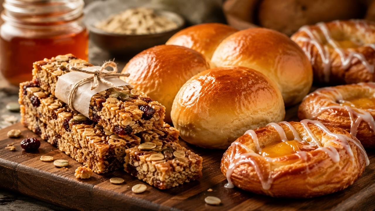 Delicious bakery creations featuring Rice Syrup in Bakery, such as granola bars, golden bread rolls, and glazed pastries.