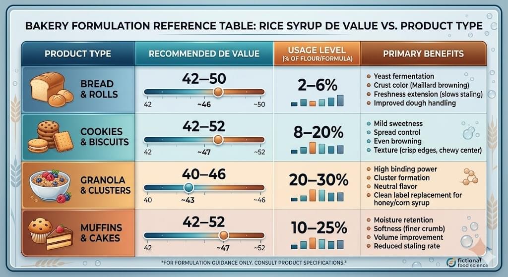 Rice syrup bakery formulation guide showing DE value usage levels and benefits by product type