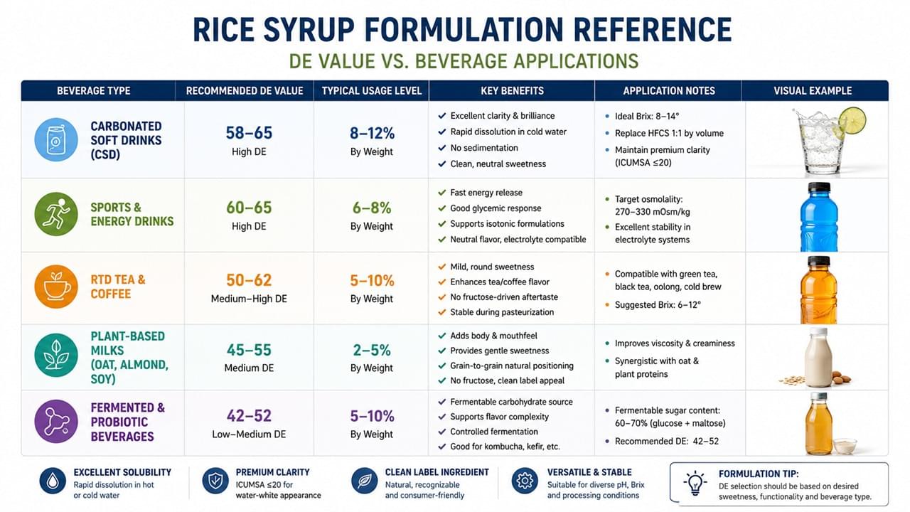 🍹 7 Powerful Rice Syrup Beverage Applications Transforming Modern Drinks 2 Rice syrup beverage application formulation guide showing DE value usage levels by category