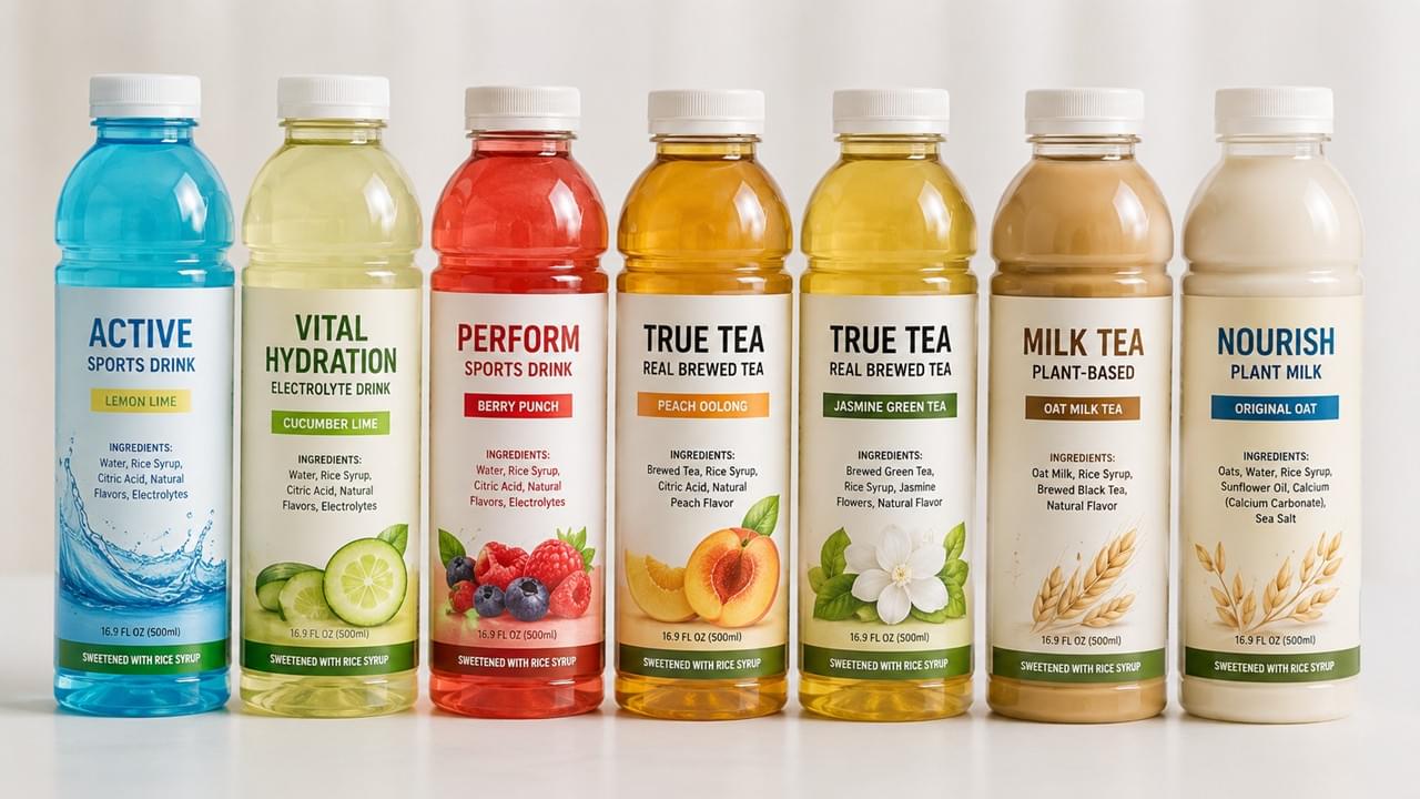Beverage products sweetened with rice syrup including sports drink RTD tea and plant milk