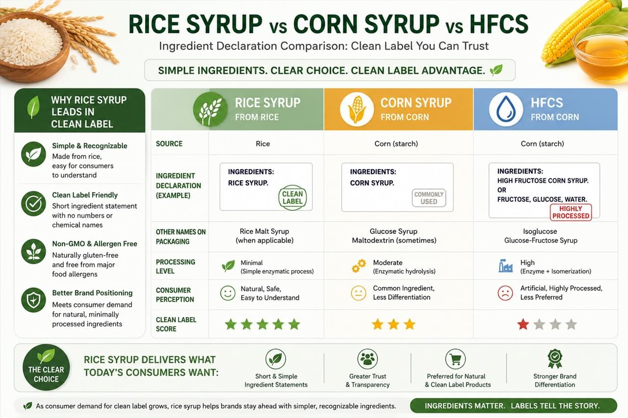 Rice syrup clean label advantage versus corn syrup and HFCS on food product packaging