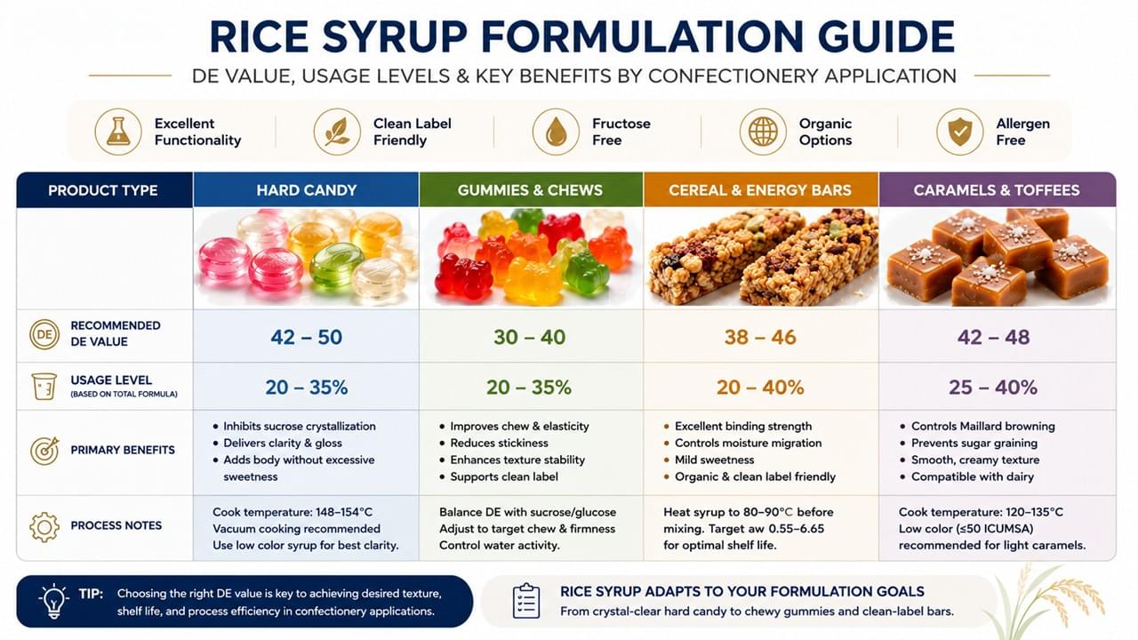 🍬 5 Powerful Rice Syrup Confectionery Applications for Modern Candy Manufacturing 1 Rice syrup confectionery formulation guide DE value comparison for candy gummies and bars