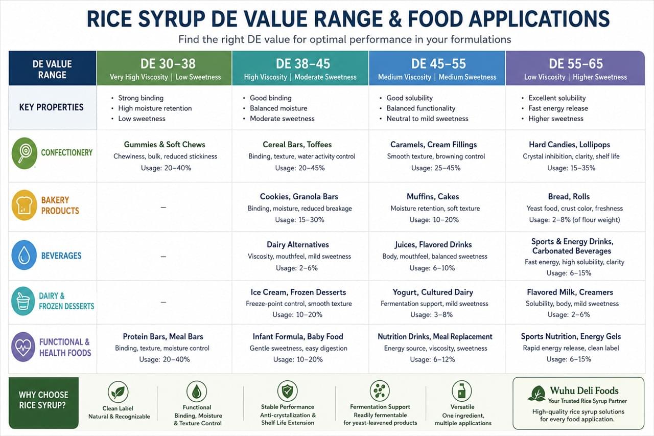 Rice syrup DE value application chart for food industry manufacturers