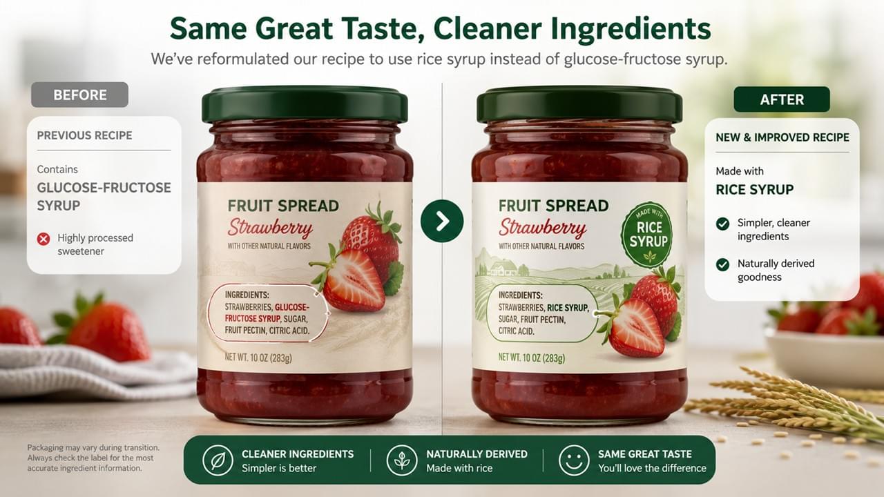 Vergleich von Clean-Label-Reformulierungen vor und nach der Umstellung, der zeigt, wie Reissirup Glukose-Fruktose-Sirup ersetzt