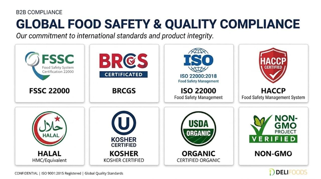 7 Essential Rice Syrup Quality Standards Every Global Buyer Should Know 1 Rice syrup food safety certifications including FSSC 22000 BRCGS Halal Kosher Organic Non-GMO