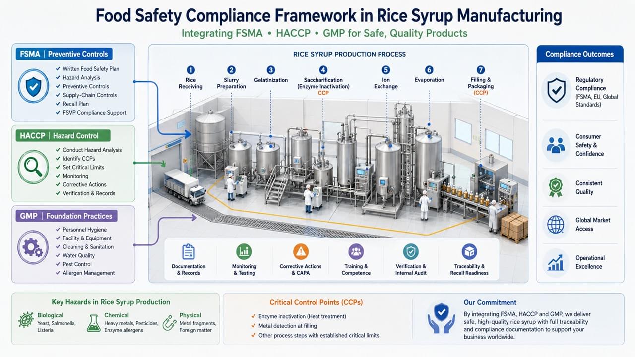 Learn how Rice Syrup Food Safety is achieved through FSMA, HACCP, and GMP compliance. Discover practical strategies for regulatory readiness and global market success.