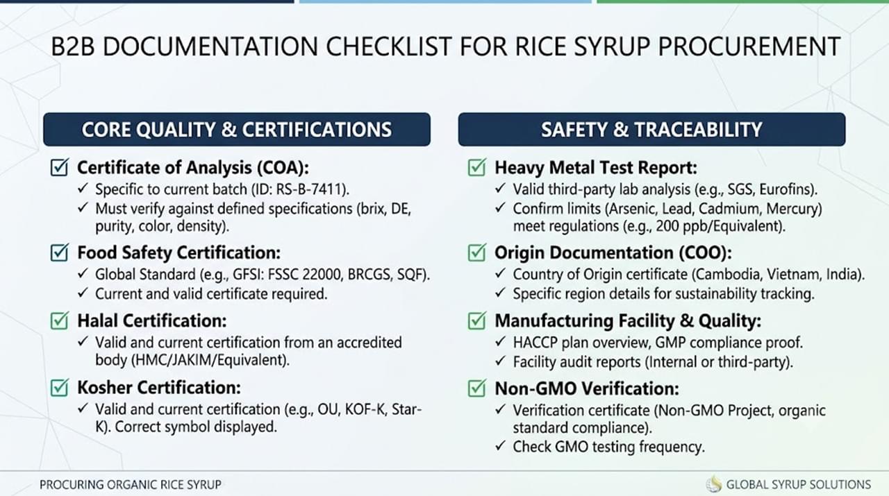 7 Essential Rice Syrup Quality Standards Every Global Buyer Should Know 2 Rice syrup B2B procurement documentation checklist including COA certifications and heavy metal reports