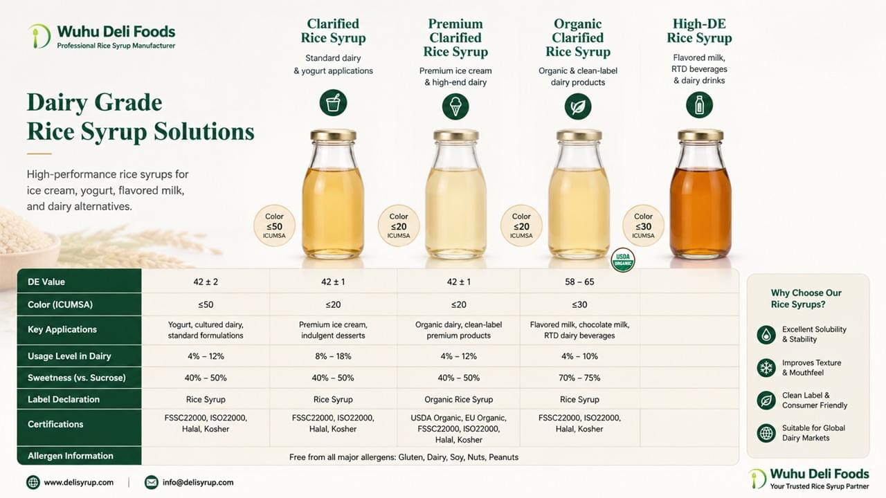 Wuhu Deli Foods rice syrup dairy grade comparison table showing DE value color and applications