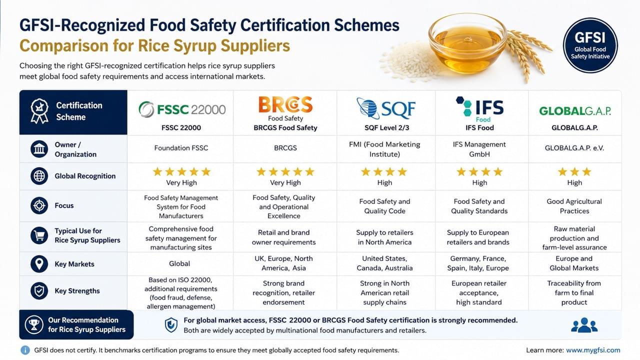 International Quality Standards for Rice Syrup: 7 Essential Requirements Every Global Buyer Should Know 1 GFSI-Recognized Certification Schemes Comparison