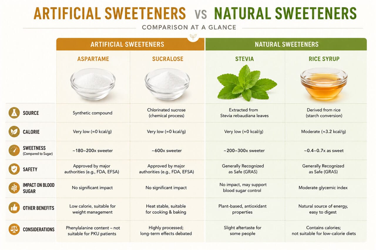 Rice Syrup vs Artificial Sweeteners: 5 Reasons Natural Wins for Clean-Label Products 1 Comparison of artificial sweeteners vs natural sweeteners including rice syrup and stevia