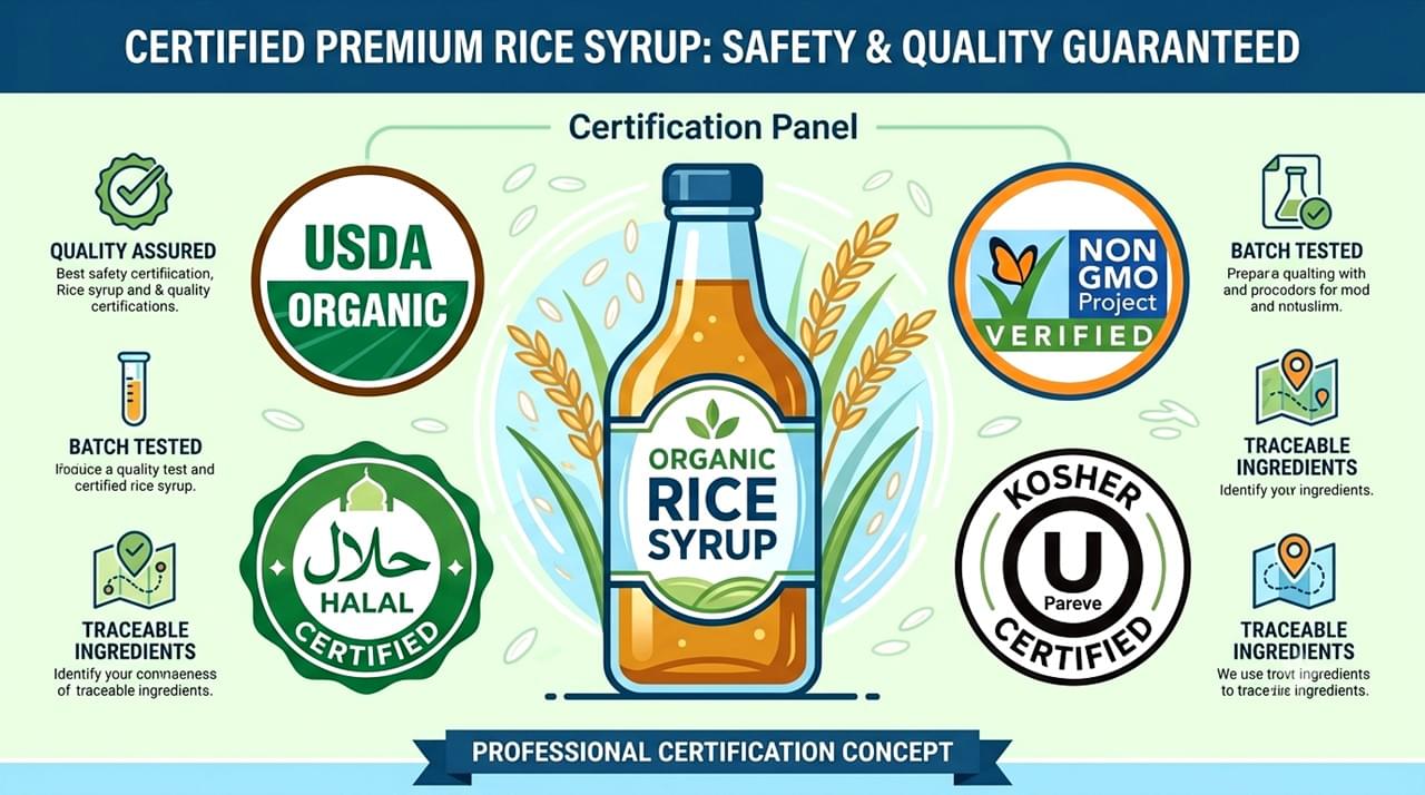 Découvrez 7 certifications essentielles pour le sirop de riz — Halal, Kosher, Bio et Sans OGM — qui ouvrent les portes des marchés mondiaux haut de gamme. Apprenez ce que les acheteurs doivent savoir.