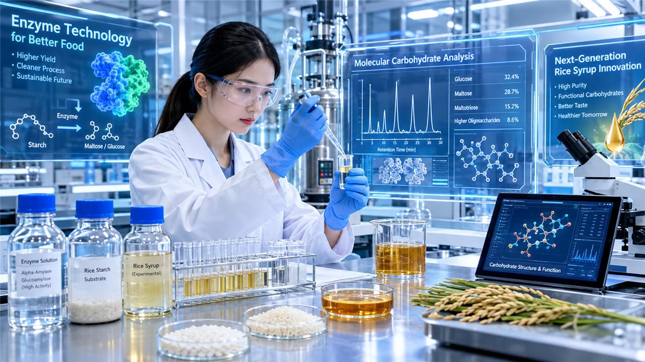 Next-generation rice syrup innovation in biotechnology food laboratory with enzyme engineering