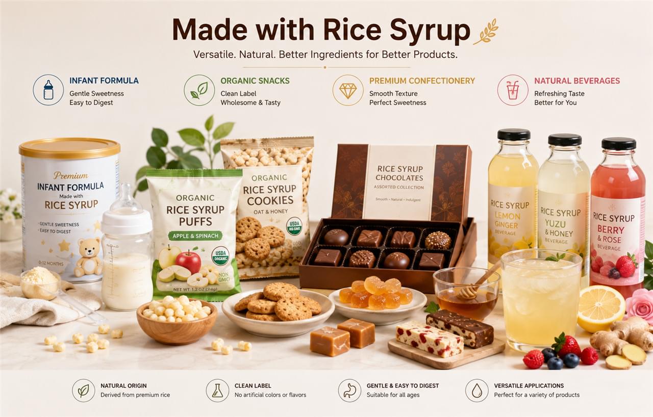 Rice Syrup vs Glucose Syrup: 6 Facts That Make the Choice Easy 2 Premium food products made with clean label rice syrup including infant food and organic snacks