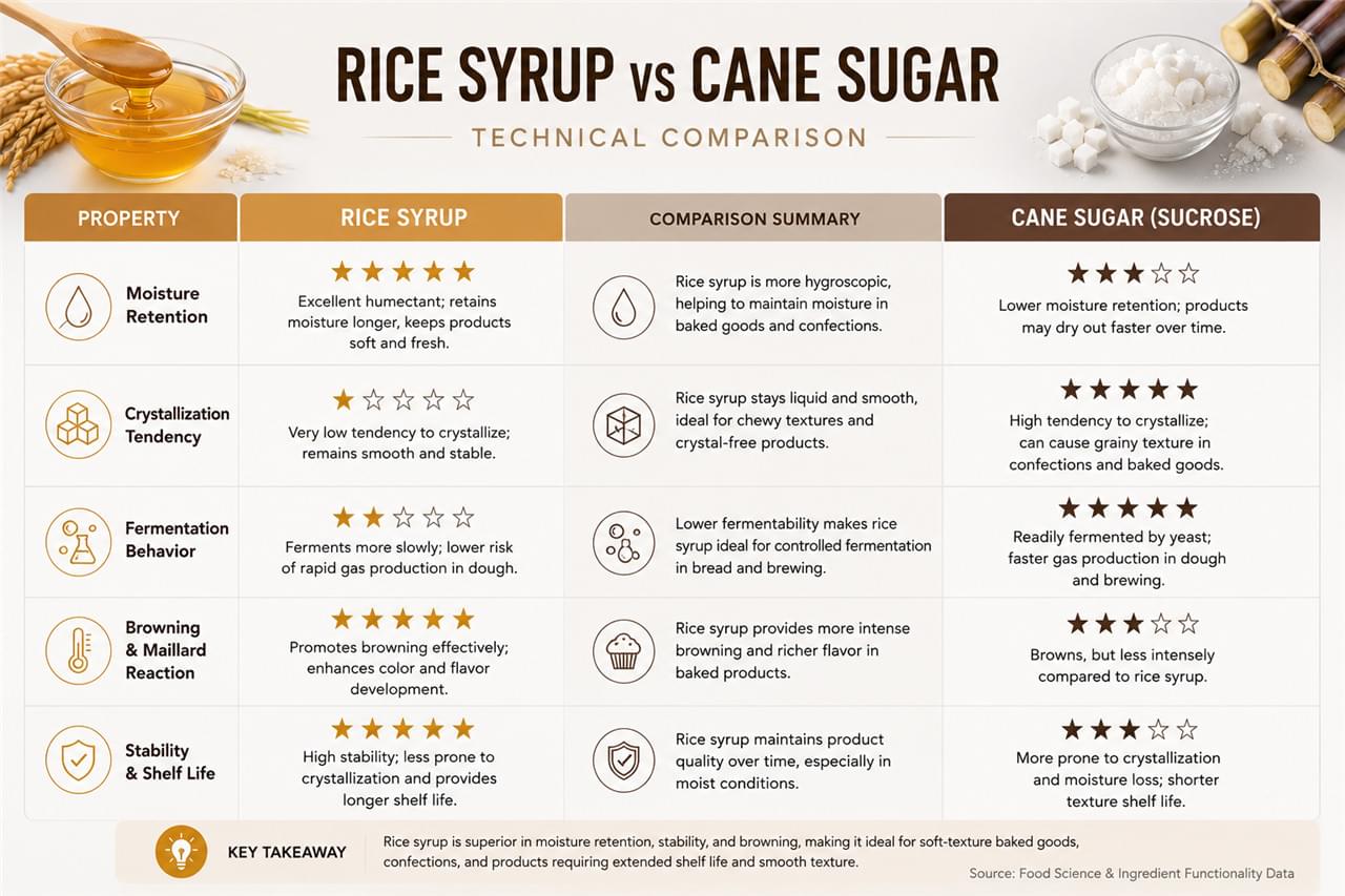Rice Syrup vs Cane Sugar: 5 Smart Reasons to Switch, Blend & Cut Fructose 1 Rice syrup vs cane sugar technical properties comparison infographic