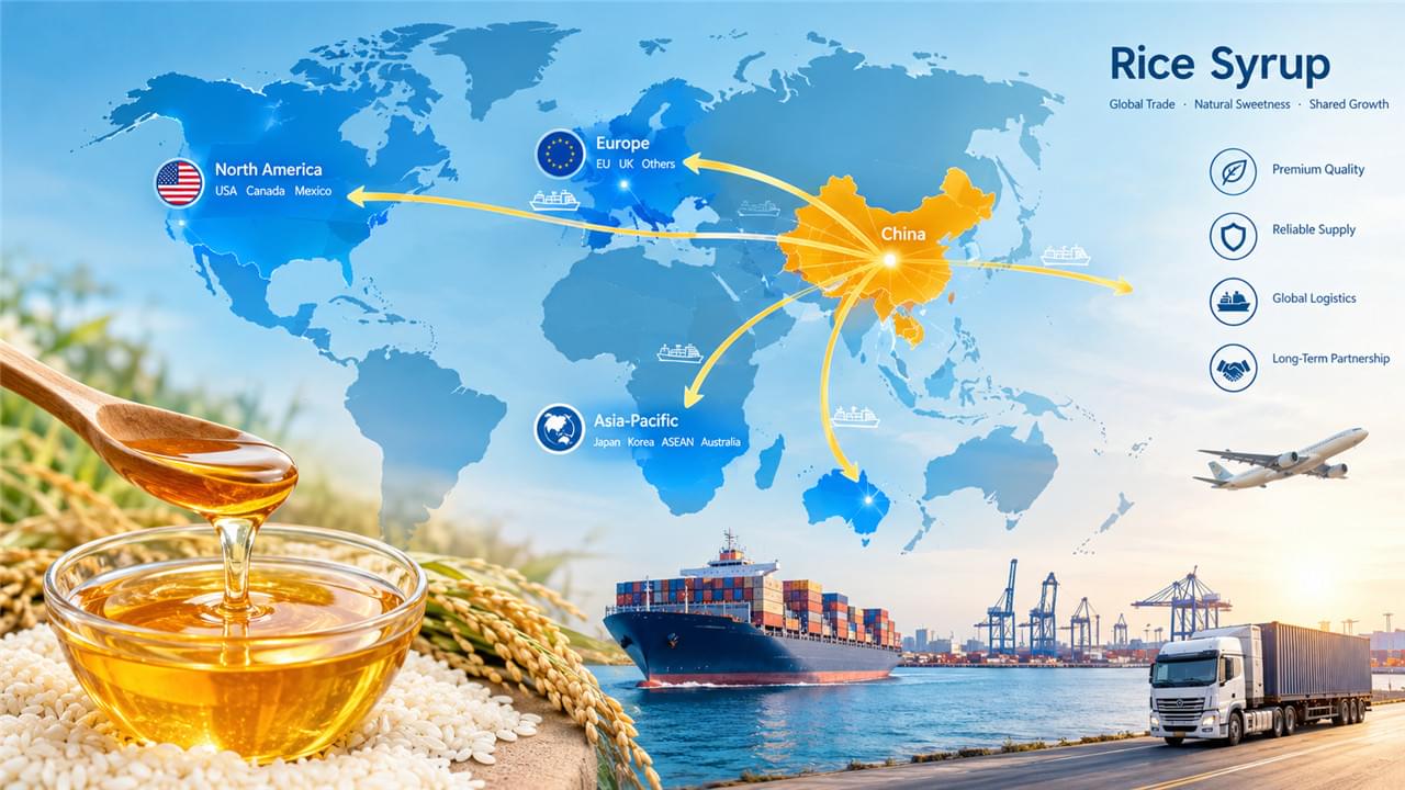 Global rice syrup market export map showing trade flows from China to worldwide regions