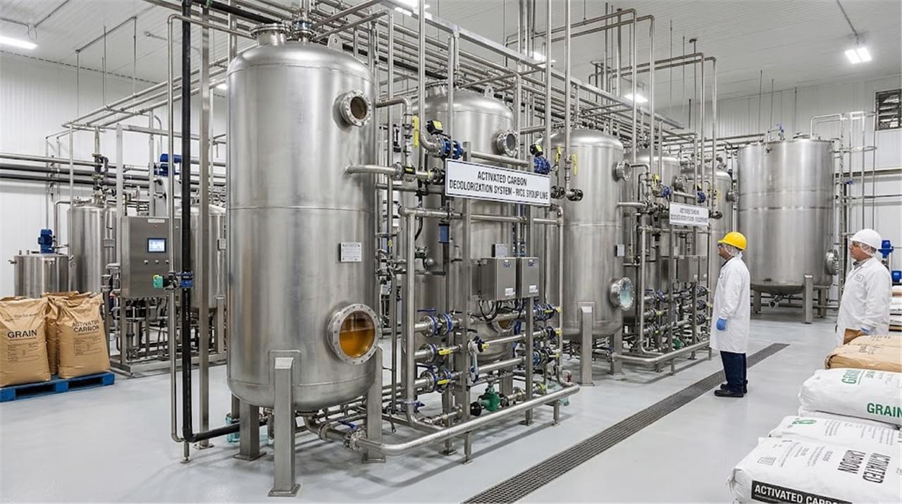 Activated carbon filtration system for rice syrup color grade purification