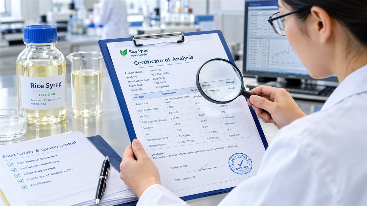 Quality manager reviewing rice syrup Certificate of Analysis document for COA validation
