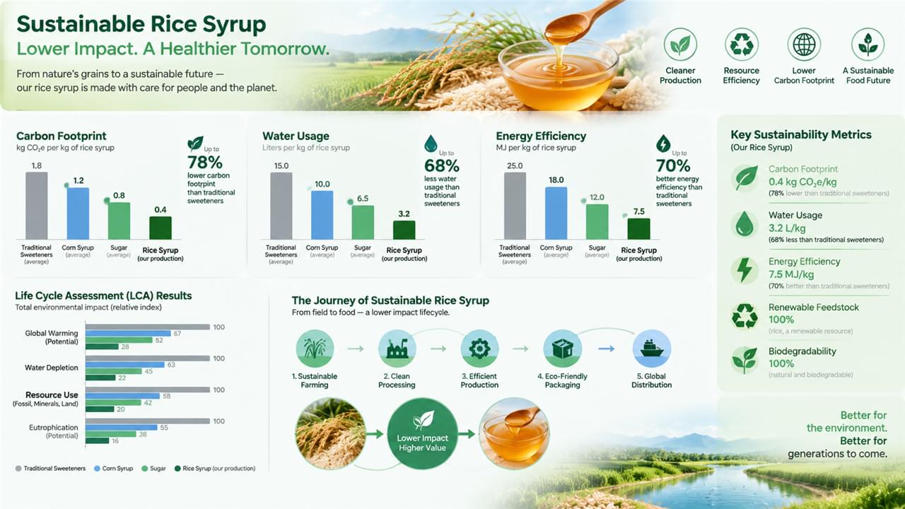 Life cycle assessment data showing rice syrup carbon footprint water usage and energy efficiency metrics