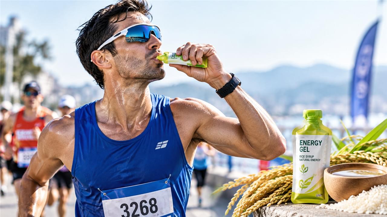 Athlete using rice syrup energy gel during endurance race for natural carbohydrate fuel