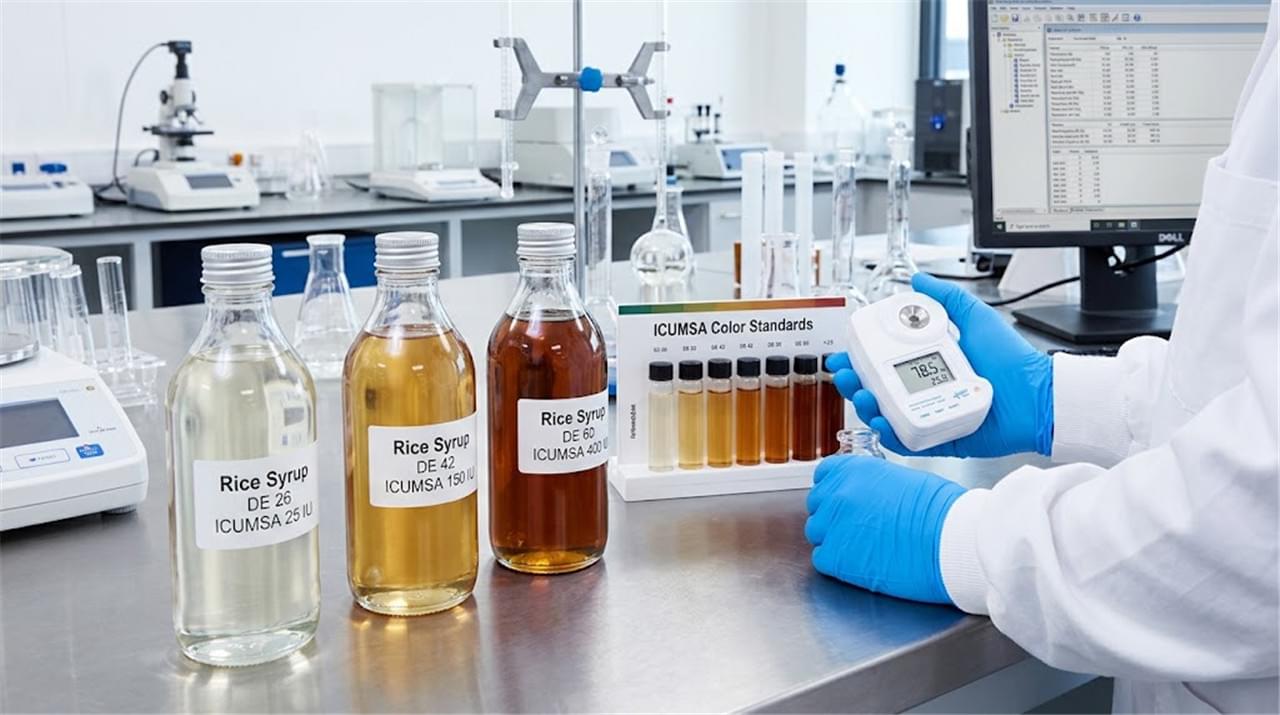 Rice syrup technical specifications laboratory showing DE value color grade and quality parameters