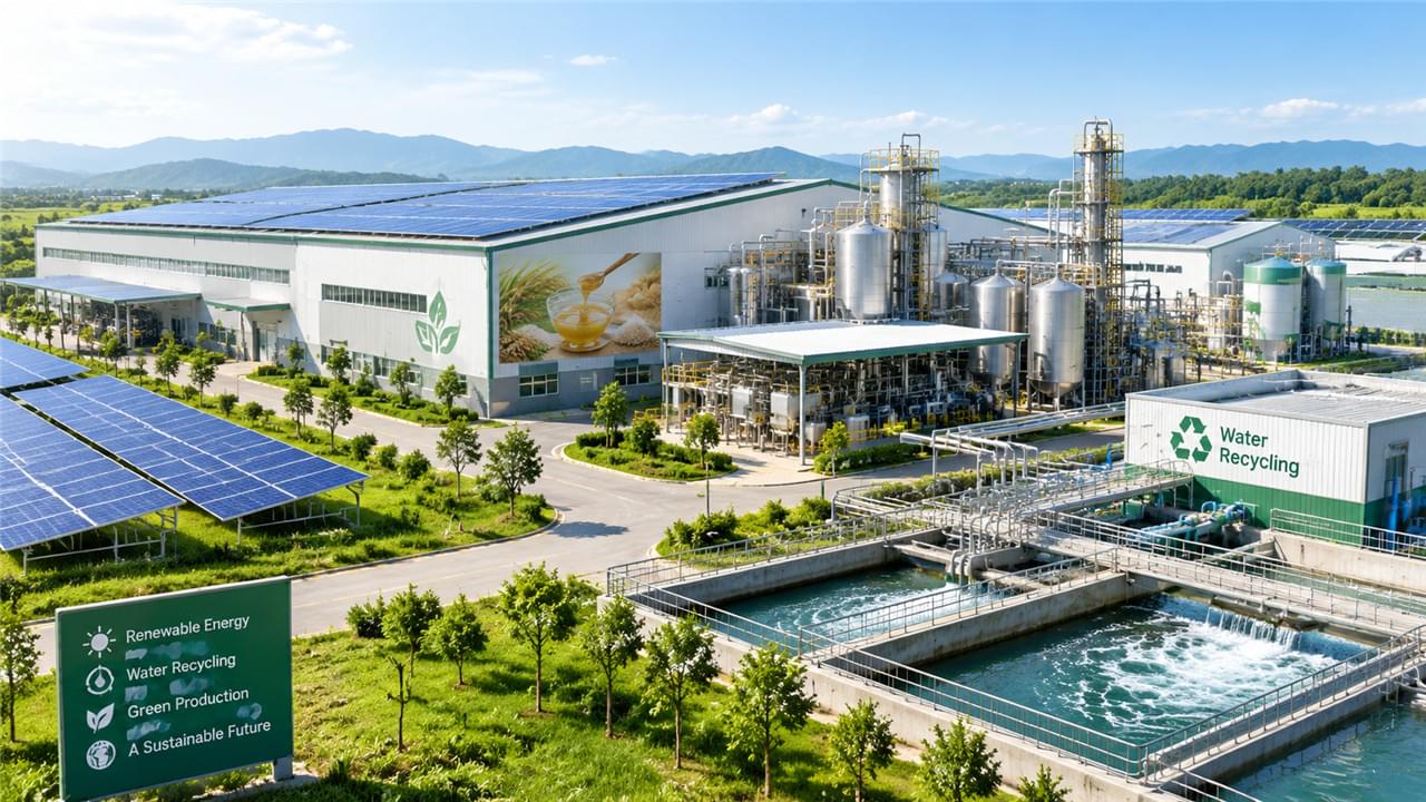Sustainable rice syrup production facility with solar panels and water recycling environmental systems